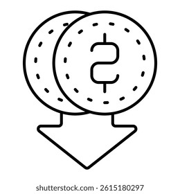 Coins and down arrow thin line icon, financial item concept. Vector graphics. Money sign on white background, linear style for mobile or design.