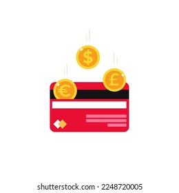 Coins dropping into credit card. Cash back concept. Flat vector illustration. Currency coins, euro, pound, dollar.