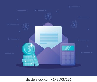 Coins envelope and calculator of money financial banking commerce and market theme Vector illustration
