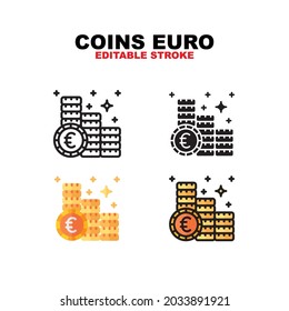 Coins Euro icon symbol set of outline, solid, flat and filled outline style. Isolated on white background. Editable stroke vector icon.