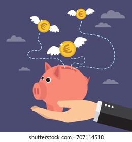 Coins euro with wings flying over piggy bank. Lost money concept. Vector illustration