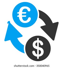 Coins Exchange vector icon. Style is bicolor flat symbol, blue and gray colors, rounded angles, white background.