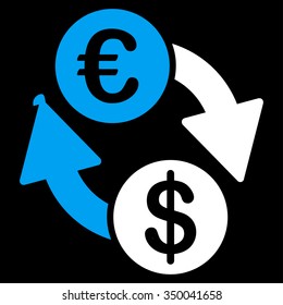 Coins Exchange vector icon. Style is bicolor flat symbol, blue and white colors, rounded angles, black background.