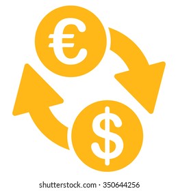 Coins Exchange vector icon. Style is flat symbol, yellow color, rounded angles, white background.