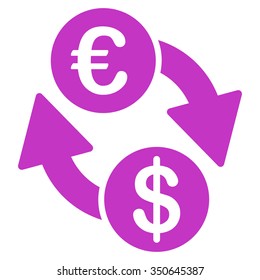 Coins Exchange vector icon. Style is flat symbol, violet color, rounded angles, white background.