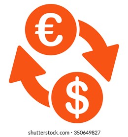Coins Exchange vector icon. Style is flat symbol, orange color, rounded angles, white background.