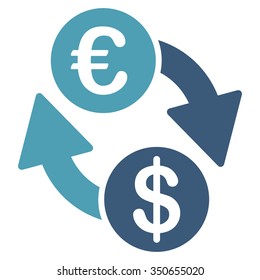Coins Exchange vector icon. Style is bicolor flat symbol, cyan and blue colors, rounded angles, white background.