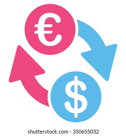 Coins Exchange vector icon. Style is bicolor flat symbol, pink and blue colors, rounded angles, white background.