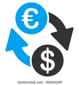 Coins Exchange vector icon. Style is bicolor flat symbol, blue and gray colors, rounded angles, white background.