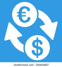 Coins Exchange vector icon. Style is flat symbol, white color, rounded angles, blue background.