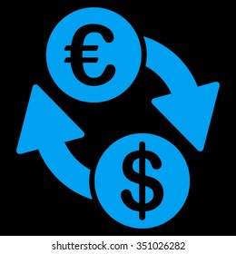 Coins Exchange vector icon. Style is flat symbol, blue color, rounded angles, black background.