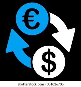 Coins Exchange vector icon. Style is bicolor flat symbol, blue and white colors, rounded angles, black background.