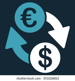Coins Exchange vector icon. Style is bicolor flat symbol, blue and white colors, rounded angles, dark blue background.