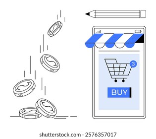 Coins fall beside a smartphone screen displaying a shopping cart and Buy button, accompanied by a pencil. Ideal for mobile commerce, e-commerce, online transactions, shopping apps, and digital