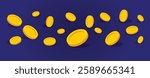 Coins fall or gold money fly from top to bottom. Vector flat cartoon, metal money falling like win or jackpot on blue background. The concept of luck, wealth. isolated