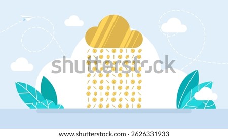 Coins fall from a golden cloud. Money rain. Coins falling on white background. Dollar coins fall among the clouds. Wealth, success, prosperity, richness, investment metaphor. Vector Illustration
