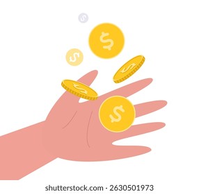 Coins fall into hand. Concept of earnings, success, wealth. Vector illustration in a flat style