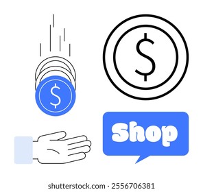 Coins fall into an open hand, a large dollar sign is enclosed in a circle, and a speech bubble with Shop text. Ideal for shopping, e-commerce, transactions, currency, online purchasing. Minimalist