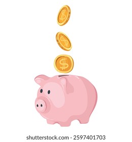 Coins fall into the piggy bank for savings. Safe money symbol and business finance concept in the form of a pink pig and money. Saving and growing money. Vector illustration.