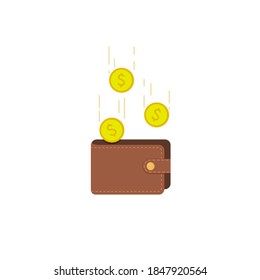 Coins fall into the wallet. Vector illustration, flat cartoon color minimal design isolated on white background, eps 10.