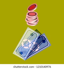 Coins fall on banknotes from the sky. Abstract banknotes and abstract coins. Symbol of wealth, success, good luck. Bank and finance. Vector business success concept. Vector illustration for business.