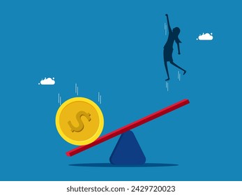Coins fall on the seesaw to encourage businesswomen to achieve their goals