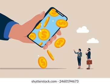 Las monedas caen de un smartphone. Ilustración de personajes de negocios de Vector. 