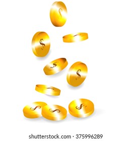 Coins fall from the top to form a mound of coins.