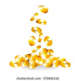 Coins fall from the top to form a mound of coins.