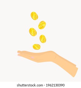 Coins falliing into the palms of hands. Vector illustration.