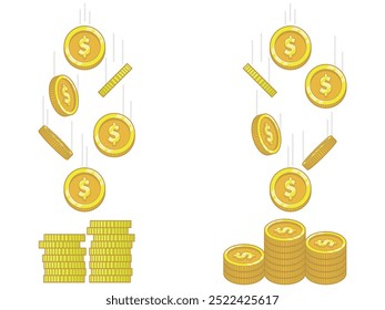 Coins Falling Above into Stacks Side View