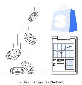 Coins falling, a clipboard with a line graph and charts, and a shopping icon are visible. Ideal for business growth, financial analysis, sales tracking, retail, and e-commerce. Simple minimalist