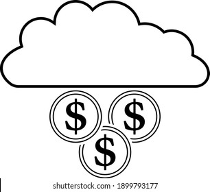 Coins Falling From Cloud Icon. Black Glyph Design. Vector Illustration.
