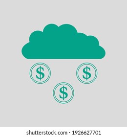 Monedas Que Caen Del Icono De La Nube. Verde sobre fondo gris. Ilustración vectorial.