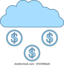 Coins Falling From Cloud Icon. Thin Line With Blue Fill Design. Vector Illustration.