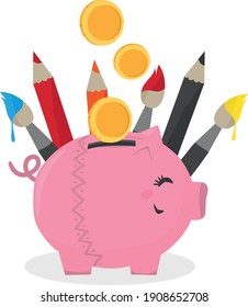 Coins are falling down to a piggy bank of artist or designer. Piggy bank opposite crayons and paintbrushes. Earnings of being an artist or designer