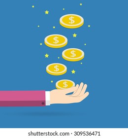 Coins falling in hand. Concept of success and big profits. Vector illustration