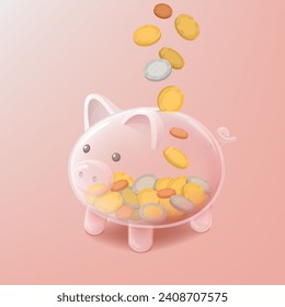 Coins falling inside a transparent glass piggy bank, savings and investments concept