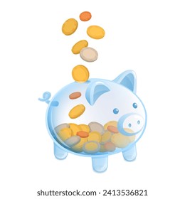 Coins falling inside a transparent glass piggy bank, savings and investments concept