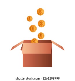 coins falling into a cardboard box isolated icon