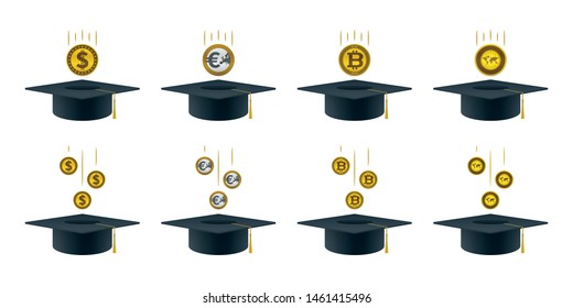 Coins falling into graduation caps Educational and financial concept design.