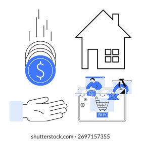 Moedas caindo em uma mão aberta, um contorno de casa e uma interface de compras on-line com cashback e ofertas de desconto. Ideal para finanças, imóveis, comércio eletrônico, orçamento doméstico, economia, on-line