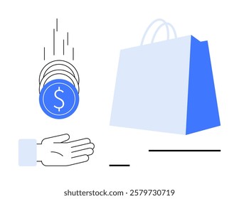 Coins falling into an outstretched hand next to a shopping bag with a . Ideal for themes of ecommerce, online shopping, spending money, financial transactions, and consumerism. Simple vector