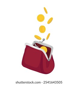Coins falling into red open retro wallet on white background, flat vector, isolate on white