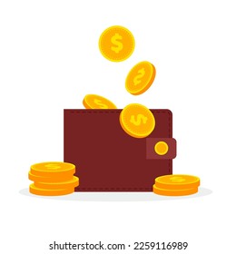 Coins is falling into wallet. Brown purse full of money. Icon for bank, finance, investment. Coin heap. Vector illustration isolated on white background.