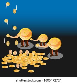 Coins falling, money falling, gold coins flying, golden rain. Jackpot or successful concept.