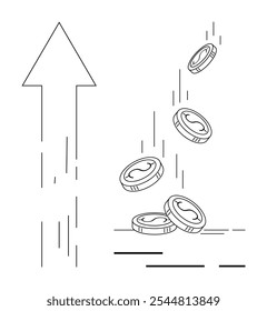 Moedas caindo ao lado de uma seta para cima. Ideal para crescimento econômico, finanças, lucros, aumento de receita, sucesso de mercado. Digital, estilo minimalista