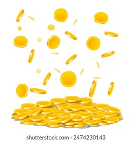 Coins falling on a pile of coins. Vector illustration