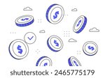 Coins falling on white background. Dollar coins fall among the clouds. Wealth, success, prosperity, richness, investment metaphor. Line art style flat vector illustration on white background
