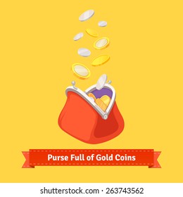 Coins falling to a retro money purse. Flat style vector illustration.